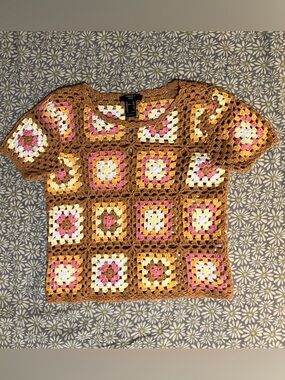 Girl’s Brown Crochet Patchwork Top with Pink & Cream